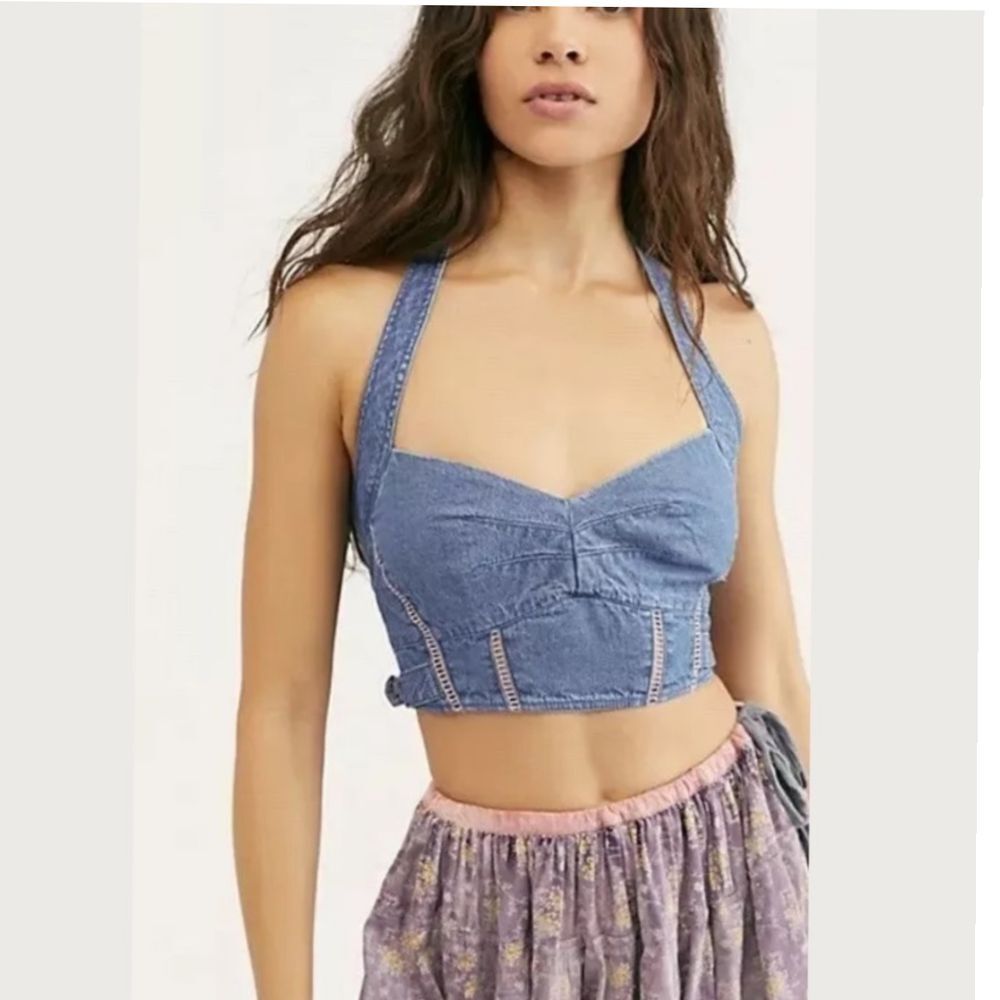 Free People Denim Blue Halter Crop Tank Top